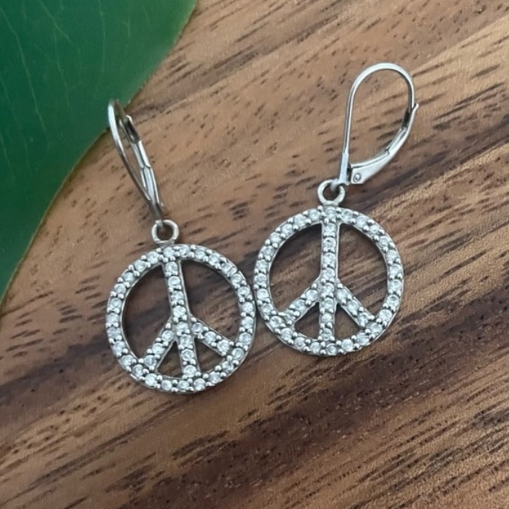 Silver Hippie Boho rhinestone bedazzled Peace Sign Dangle Earrings - Picture 5 of 9
